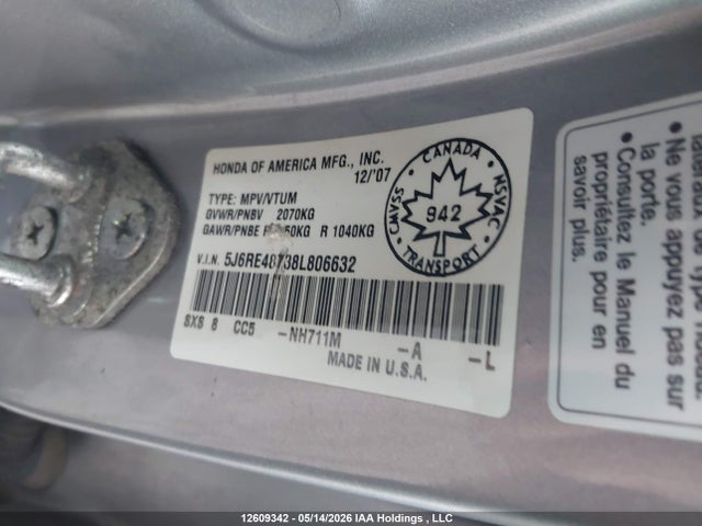 Продаж на аукціоні авто 2008 Honda Cr-v Ex-l, vin: 5J6RE48738L806632, номер лоту: 12609342
