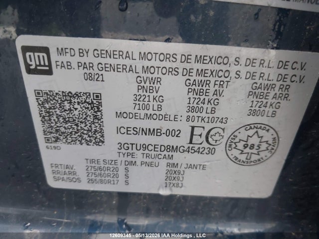Auction sale of the 2021 Gmc Sierra 1500 Elevation, vin: 3GTU9CED8MG454230, lot number: 12609345