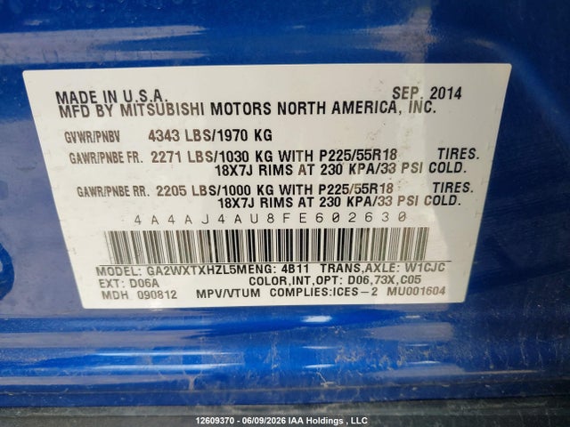 2015 Mitsubishi Rvr მანქანა იყიდება აუქციონზე, vin: 4A4AJ4AU8FE602630, აუქციონის ნომერი: 12609370