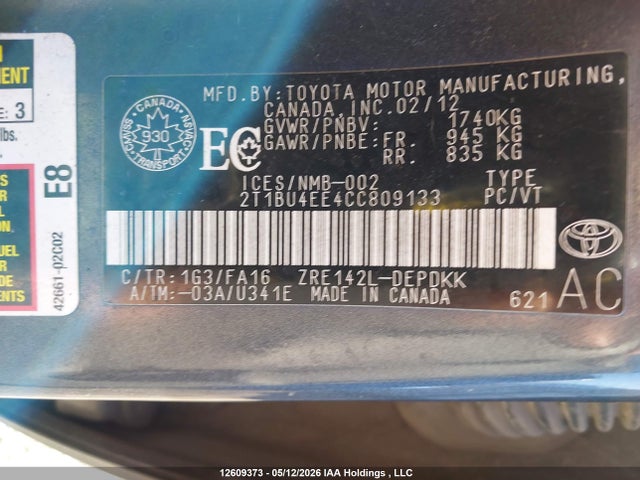 12609373 :رقم المزاد ، 2T1BU4EE4CC809133 vin ، 2012 Toyota Corolla Ce مزاد بيع