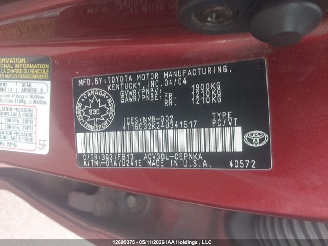 Продажа на аукционе авто 2004 Toyota Camry Le/se/xle, vin: 4T1BE32K24U341517, номер лота: 12609375