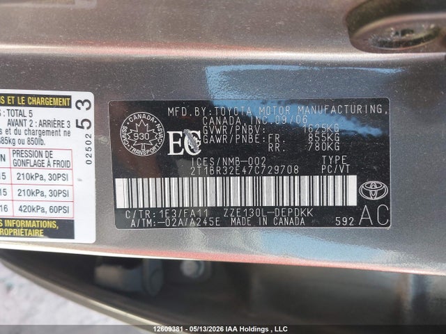 12609381 :رقم المزاد ، 2T1BR32E47C729708 vin ، 2007 Toyota Corolla Ce/le/sport مزاد بيع