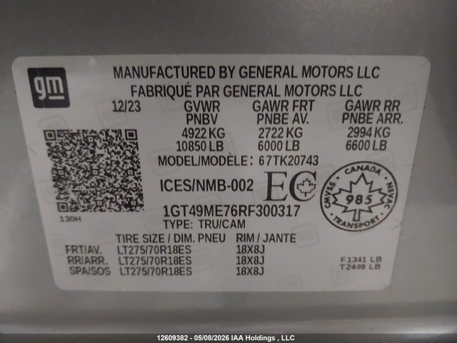 12609382 :رقم المزاد ، 1GT49ME76RF300317 vin ، 2024 Gmc Sierra K2500 Sle مزاد بيع