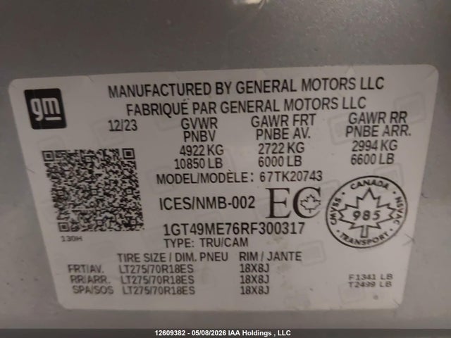 12609382 :رقم المزاد ، 1GT49ME76RF300317 vin ، 2024 Gmc Sierra K2500 Sle مزاد بيع