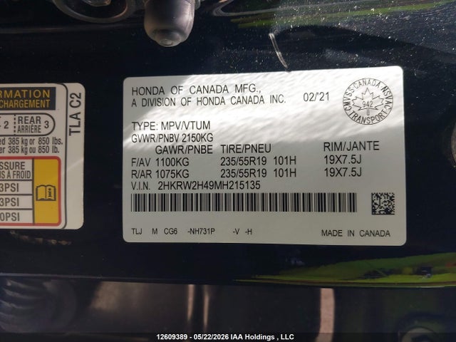 Aukcja sprzedaży 2021 Honda Cr-v Sport, vin: 2HKRW2H49MH215135, numer aukcji: 12609389