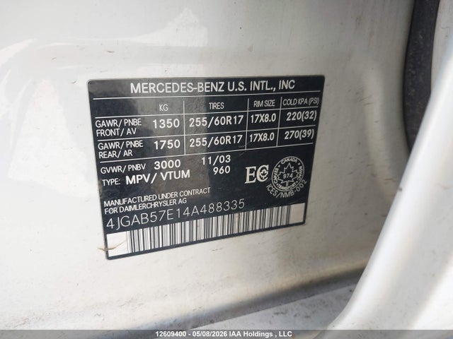 Продажа на аукционе авто 2004 Mercedes-benz Ml 350 Classic 4matic/elegance 4matic, vin: 4JGAB57E14A488335, номер лота: 12609400