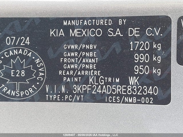 12609407 :رقم المزاد ، 3KPF24AD5RE832340 vin ، 2024 Kia Forte Lx/lxs مزاد بيع