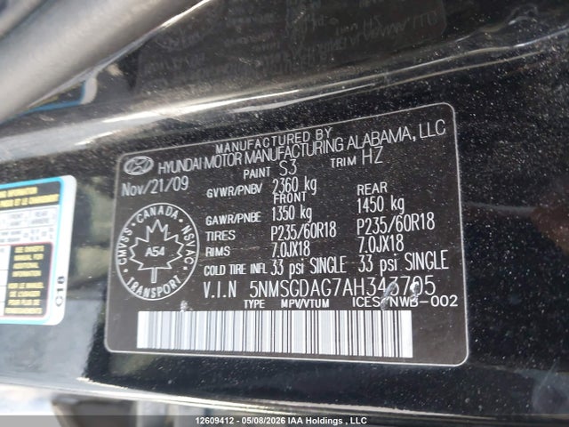 Продажа на аукционе авто 2010 Hyundai Santa Fe Gl 3.5 Sport, vin: 5NMSGDAG7AH343705, номер лота: 12609412