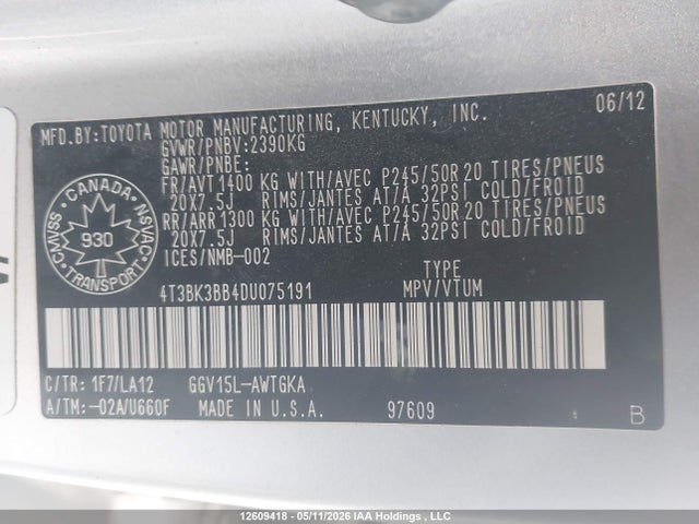 Auction sale of the 2013 Toyota Venza Base V6, vin: 4T3BK3BB4DU075191, lot number: 12609418