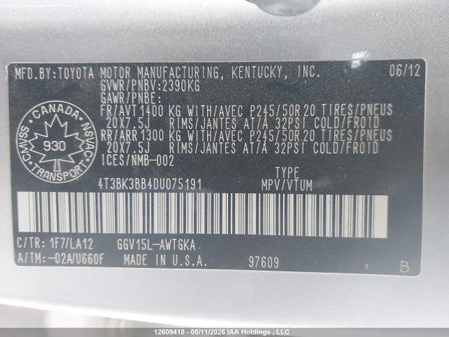 Auction sale of the 2013 Toyota Venza Base V6, vin: 4T3BK3BB4DU075191, lot number: 12609418