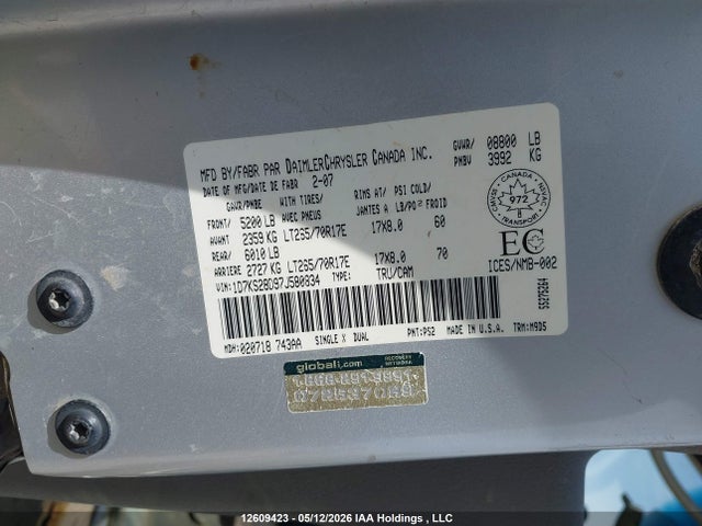 Продажа на аукционе авто 2007 Dodge Ram 2500 Slt/sport, vin: 1D7KS28D97J580834, номер лота: 12609423