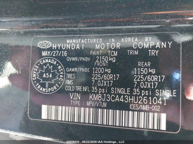Продажа на аукционе авто 2017 Hyundai Tucson Se, vin: KM8J3CA43HU261041, номер лота: 12609433