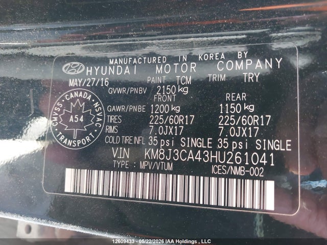 Продажа на аукционе авто 2017 Hyundai Tucson Se, vin: KM8J3CA43HU261041, номер лота: 12609433