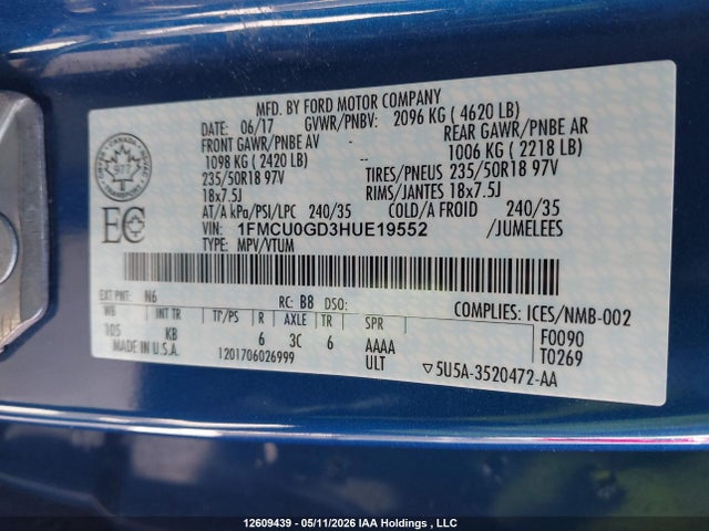 12609439 :رقم المزاد ، 1FMCU0GD3HUE19552 vin ، 2017 Ford Escape Se مزاد بيع