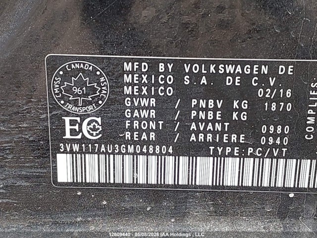 12609440 :رقم المزاد ، 3VW117AU3GM048804 vin ، 2016 Volkswagen Golf S مزاد بيع