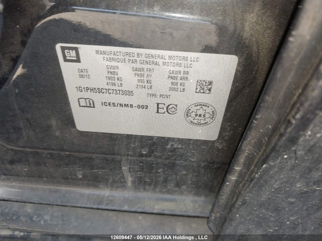 12609447 :رقم المزاد ، 1G1PH5SC7C7373035 vin ، 2012 Chevrolet Cruze Ltz مزاد بيع