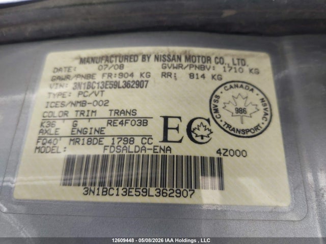 12609448 :رقم المزاد ، 3N1BC13E59L362907 vin ، 2009 Nissan Versa S/sl مزاد بيع