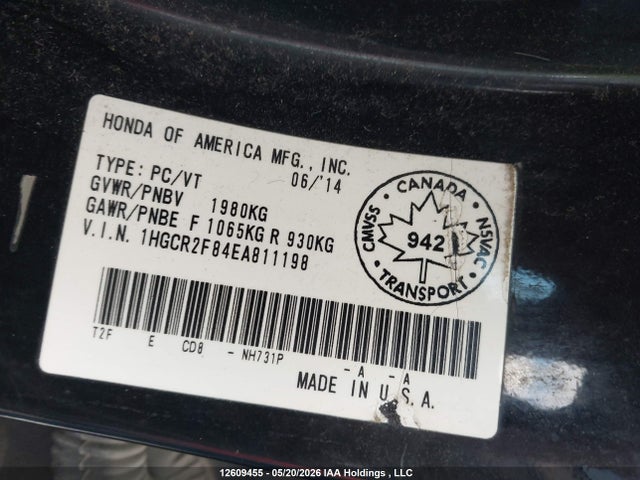 12609455 :رقم المزاد ، 1HGCR2F84EA811198 vin ، 2014 Honda Accord Ex-l مزاد بيع