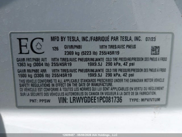 Продажа на аукционе авто 2023 Tesla Model Y, vin: LRWYGDEE1PC081736, номер лота: 12609457