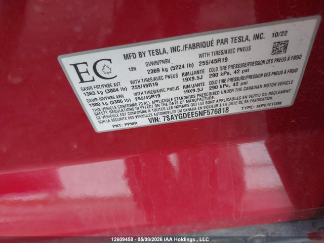 Tesla Model Y 2022 7SAYGDEE5NF576818 Image 9