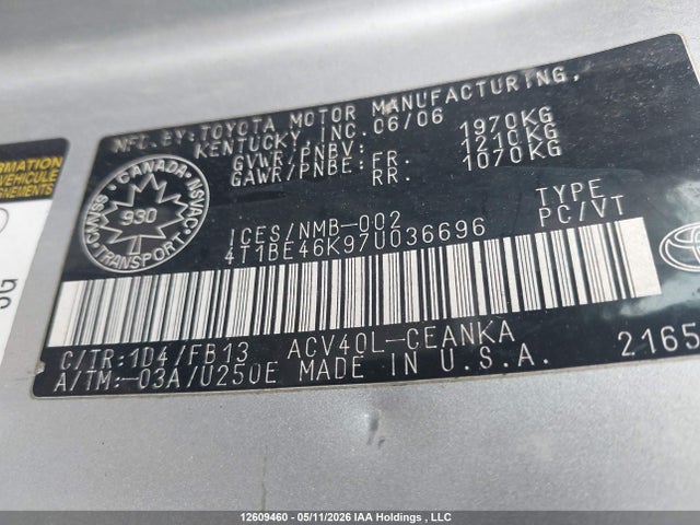 2007 Toyota Camry Ce/le/xle/se მანქანა იყიდება აუქციონზე, vin: 4T1BE46K97U036696, აუქციონის ნომერი: 12609460