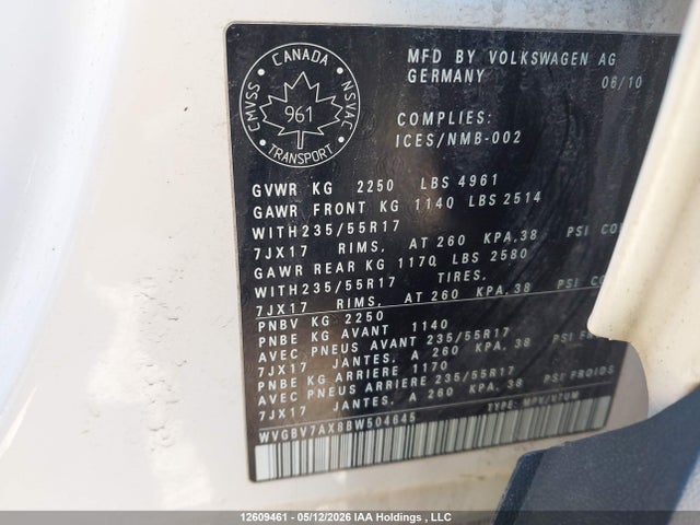 12609461 :رقم المزاد ، WVGBV7AX8BW504645 vin ، 2011 Volkswagen Tiguan S/se/sel مزاد بيع