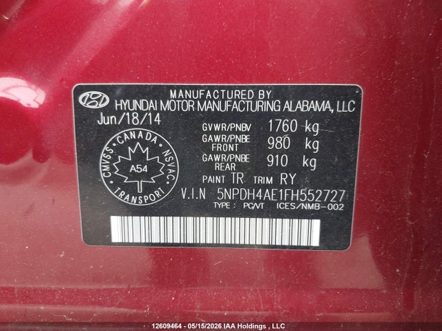 5NPDH4AE1FH552727 Hyundai ELANTRA GL