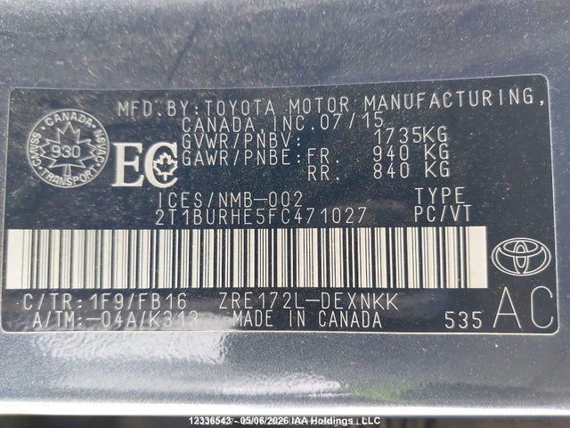 12336543 :رقم المزاد ، 2T1BURHE5FC471027 vin ، 2015 Toyota Corolla Le مزاد بيع