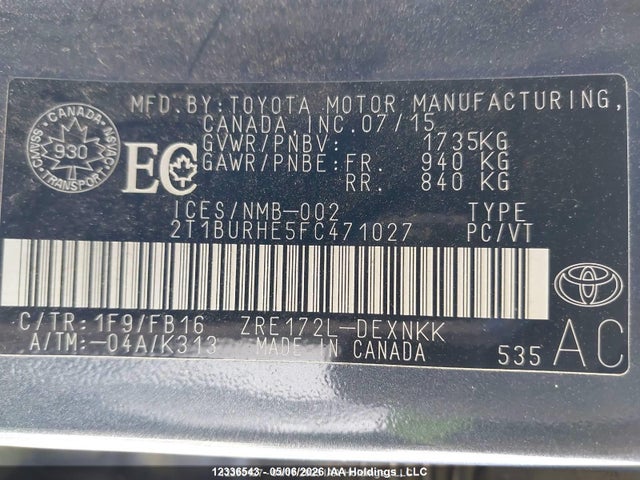 12336543 :رقم المزاد ، 2T1BURHE5FC471027 vin ، 2015 Toyota Corolla Le مزاد بيع