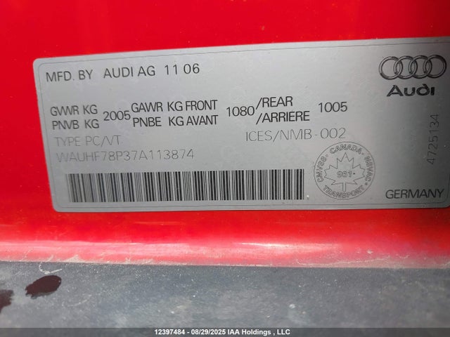 Продажа на аукционе авто 2007 Audi A3 2.0t, vin: WAUHF78P37A113874, номер лота: 12397484