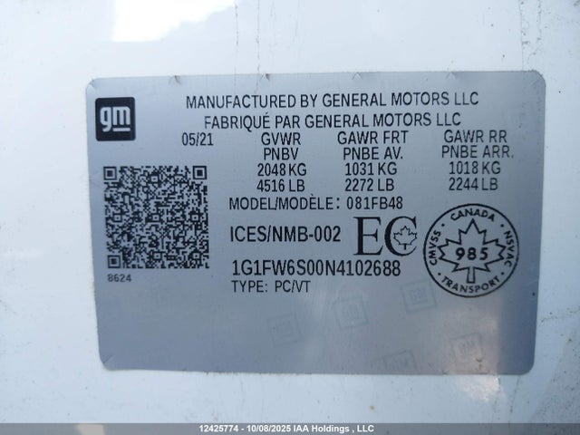 1G1FW6S00N4102688 Chevrolet Bolt Ev 1lt