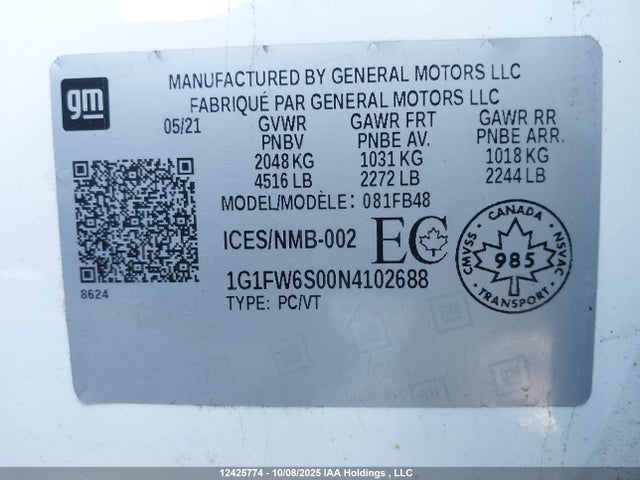 1G1FW6S00N4102688 Chevrolet Bolt Ev 1lt