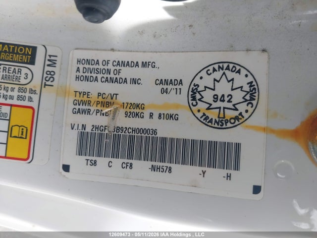 Aukcja sprzedaży 2012 Honda Civic Exl, vin: 2HGFG3B92CH000036, numer aukcji: 12609473