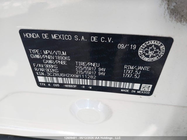 12609481 :رقم المزاد ، 3CZRU6H2XKM111282 vin ، 2019 Honda Hr-v Sport مزاد بيع
