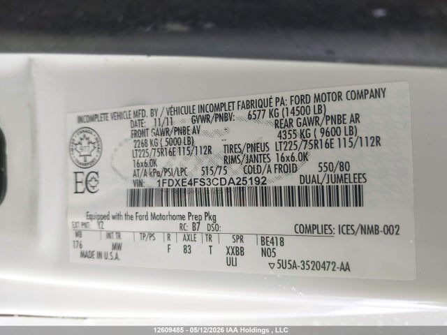 12609485 :رقم المزاد ، 1FDXE4FS3CDA25192 vin ، 2012 Ford Econoline E450 Super Duty Cutwy Van مزاد بيع