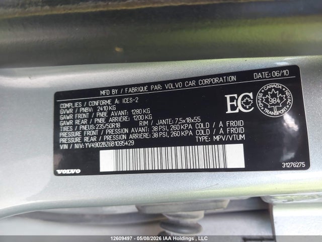 12609497 :رقم المزاد ، YV4902BZ6B1095429 vin ، 2011 Volvo Xc70 T6 مزاد بيع
