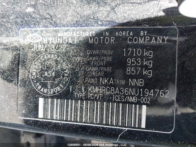 Aukcja sprzedaży 2022 Hyundai Venue Sel/limited, vin: KMHRC8A36NU194762, numer aukcji: 12609501