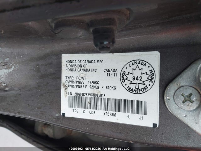 Продаж на аукціоні авто 2012 Honda Civic, vin: 2HGFB2F59CH015018, номер лоту: 12609502