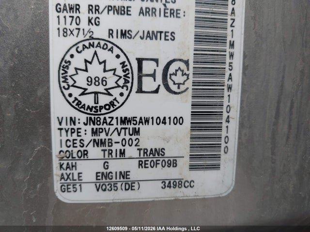 2010 Nissan Murano Sl მანქანა იყიდება აუქციონზე, vin: JN8AZ1MW5AW104100, აუქციონის ნომერი: 12609509