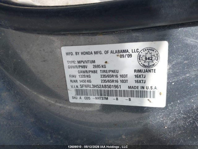 12609510 :رقم المزاد ، 5FNRL3H52AB501961 vin ، 2010 Honda Odyssey Se مزاد بيع