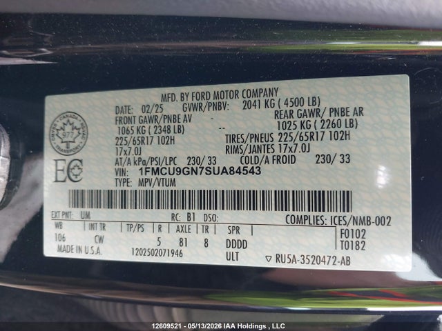 Продажа на аукционе авто 2025 Ford Escape Active, vin: 1FMCU9GN7SUA84543, номер лота: 12609521