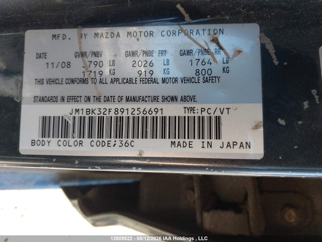 Aukcja sprzedaży 2009 Mazda Mazda3, vin: JM1BK32F891256691, numer aukcji: 12609522