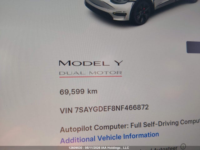 Продаж на аукціоні авто 2022 Tesla Model Y, vin: 7SAYGDEF8NF466872, номер лоту: 12609530