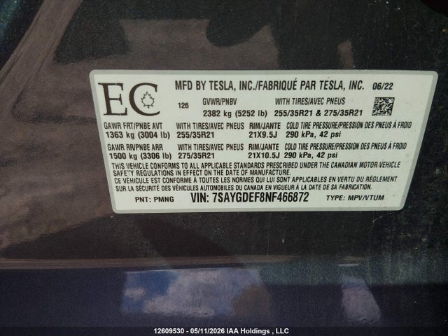 Продаж на аукціоні авто 2022 Tesla Model Y, vin: 7SAYGDEF8NF466872, номер лоту: 12609530
