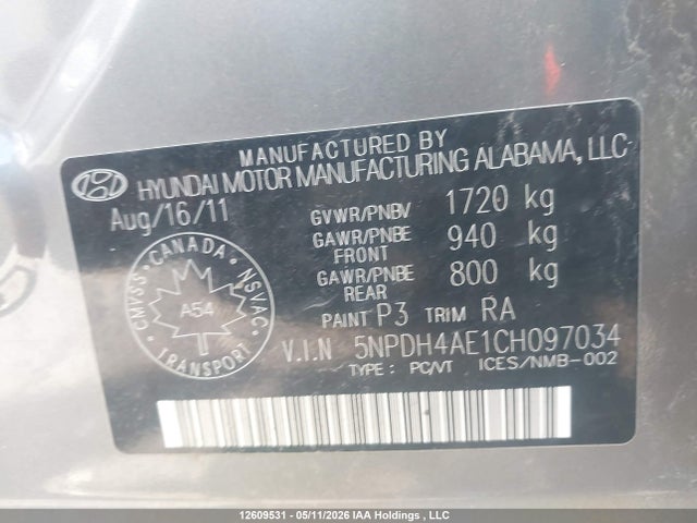 12609531 :رقم المزاد ، 5NPDH4AE1CH097034 vin ، 2012 Hyundai Elantra Gls/limited مزاد بيع