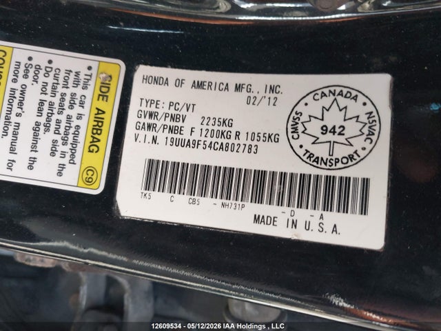 2012 Acura Tl მანქანა იყიდება აუქციონზე, vin: 19UUA9F54CA802783, აუქციონის ნომერი: 12609534