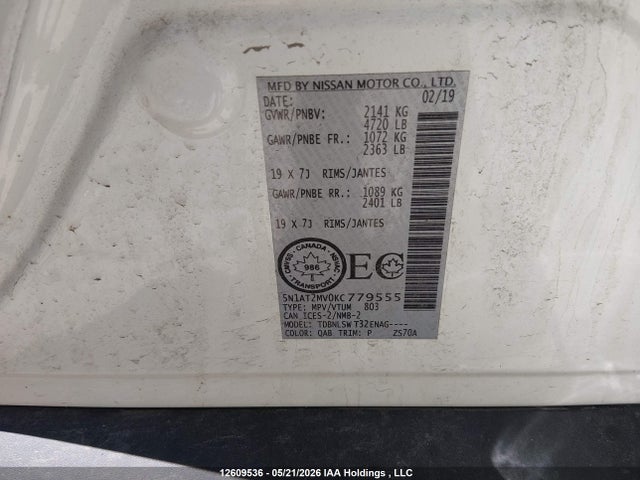 Продаж на аукціоні авто 2019 Nissan Rogue S/sl/sv, vin: 5N1AT2MV0KC779555, номер лоту: 12609536