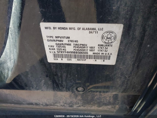 Продажа на аукционе авто 2011 Honda Pilot, vin: 5FNYF4H99BB506555, номер лота: 12609538