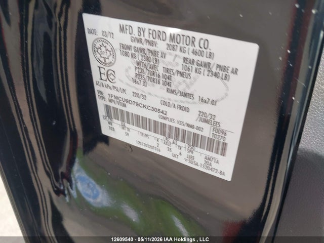 Продажа на аукционе авто 2012 Ford Escape Xlt, vin: 1FMCU9D79CKC30542, номер лота: 12609540