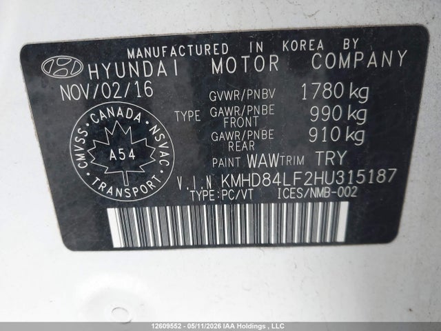 KMHD84LF2HU315187 Hyundai Elantra Se/value/limited